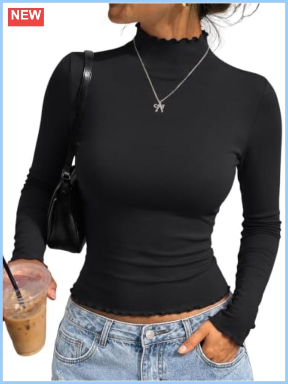 Mock Turtleneck Long Sleeve Crop Top Ribbed Stretch Fall Layering Shirt